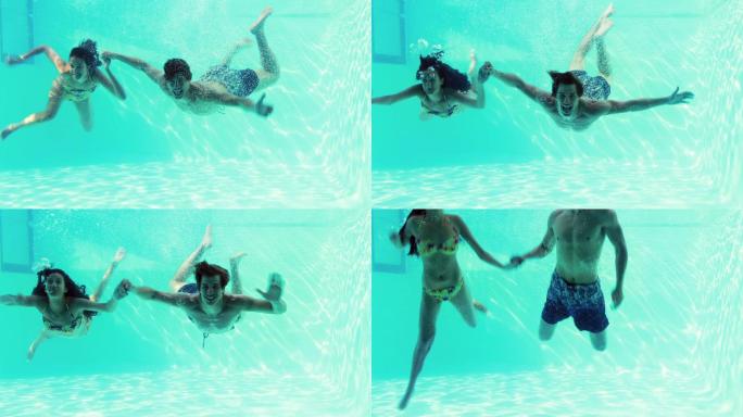一对快乐的情侣在度假时一起跳进游泳池