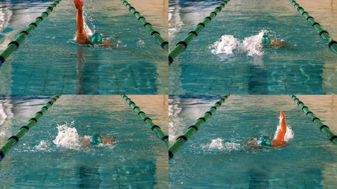 健康的游泳者在游泳池中用慢动作做仰泳