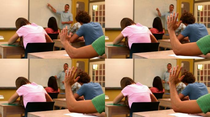 学生在课堂上用慢动作举手