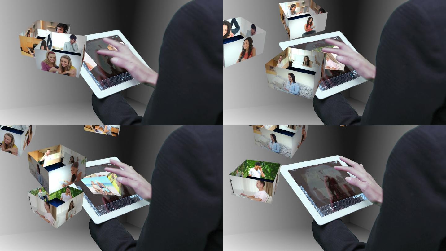 女商人使用平板电脑以全息形式观看生活方式剪辑的蒙太奇