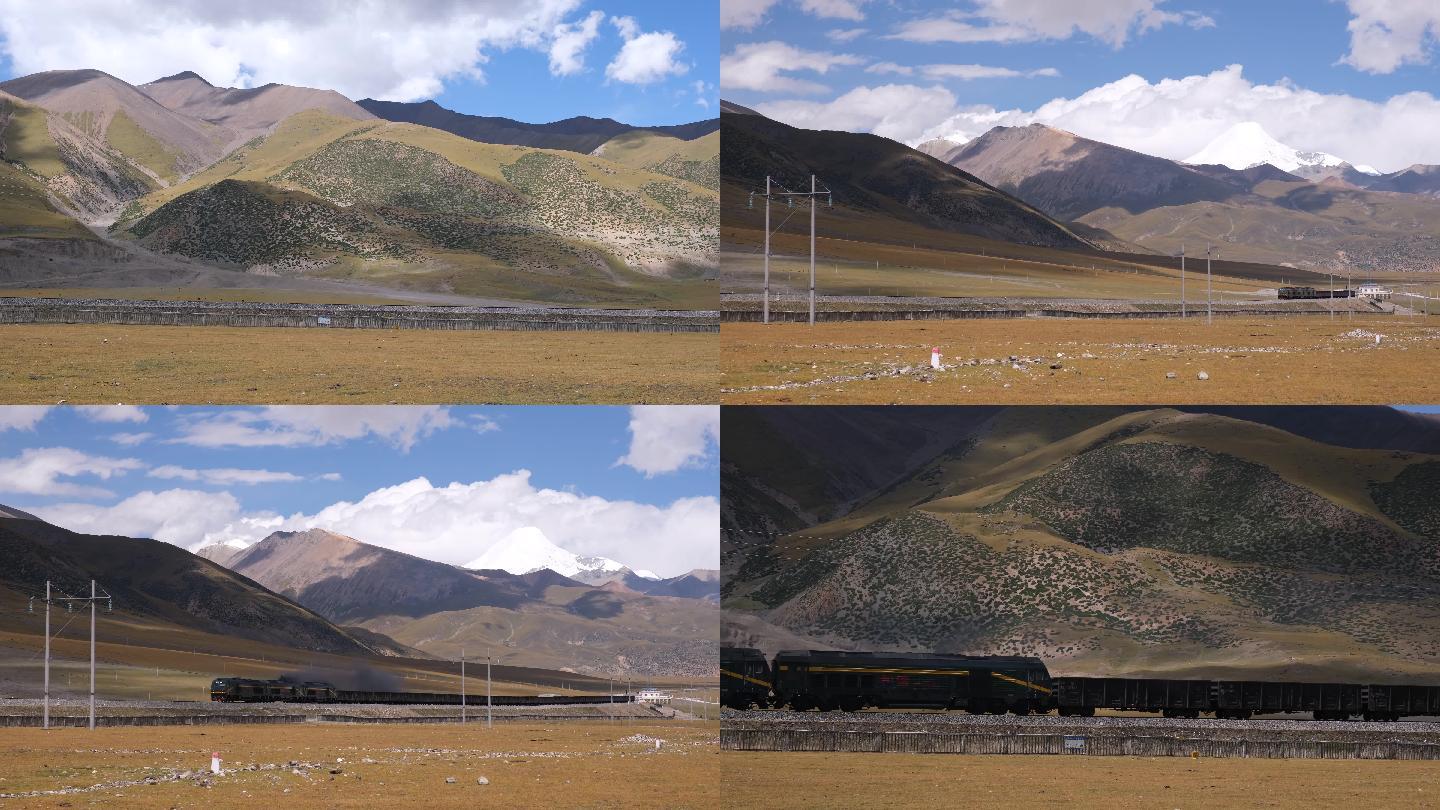 青藏铁路雪山背景飞驰的火车 4K