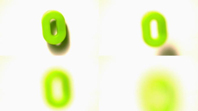 在慢镜头中，绿色数字零从白色背景中升起