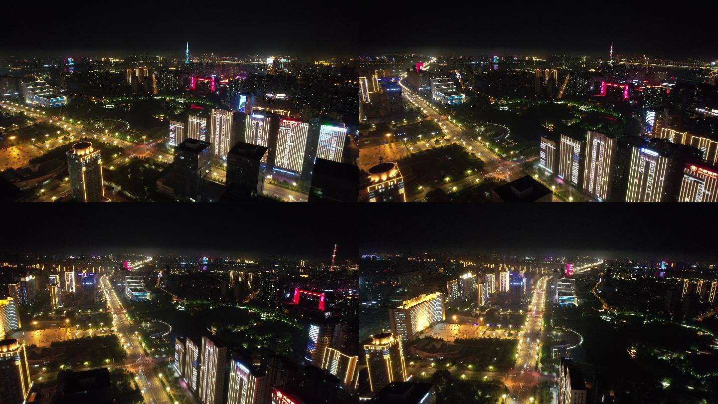 临沂五洲湖夜景航拍北京路城市全景高楼宣传