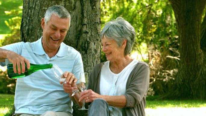 一对退休夫妇在公园里喝香槟的慢镜头
