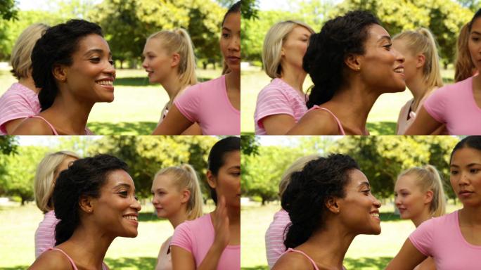 在阳光明媚的日子里，为了提高乳腺癌意识，穿着粉红色衣服的妇女们在公园里聊天