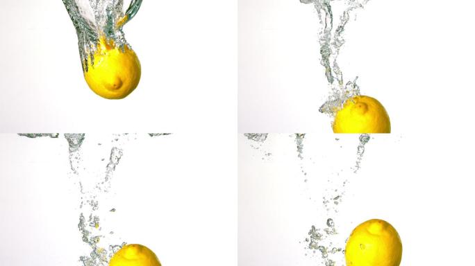 柠檬落入水中慢镜头，在白色背景下