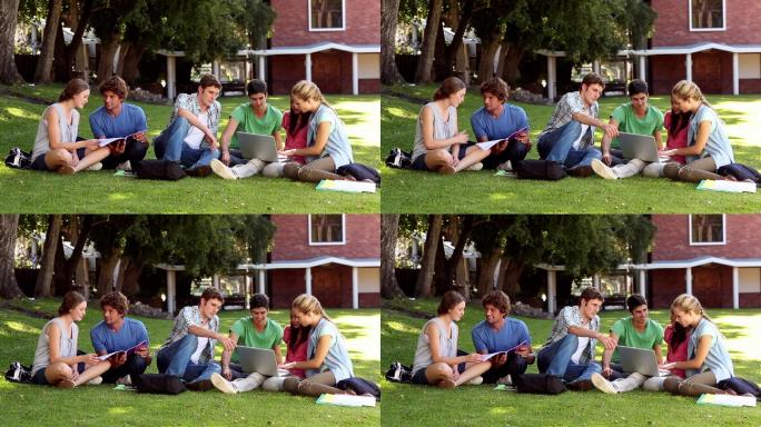 同学们坐在大学里的草地上聊天