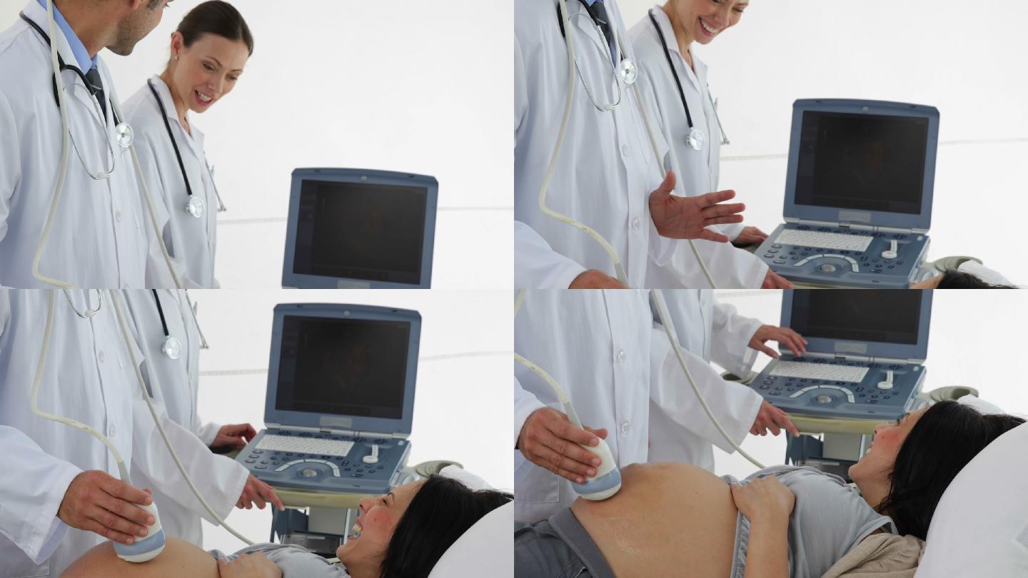 一个深褐色的孕妇正在医院的办公室里做超声波扫描