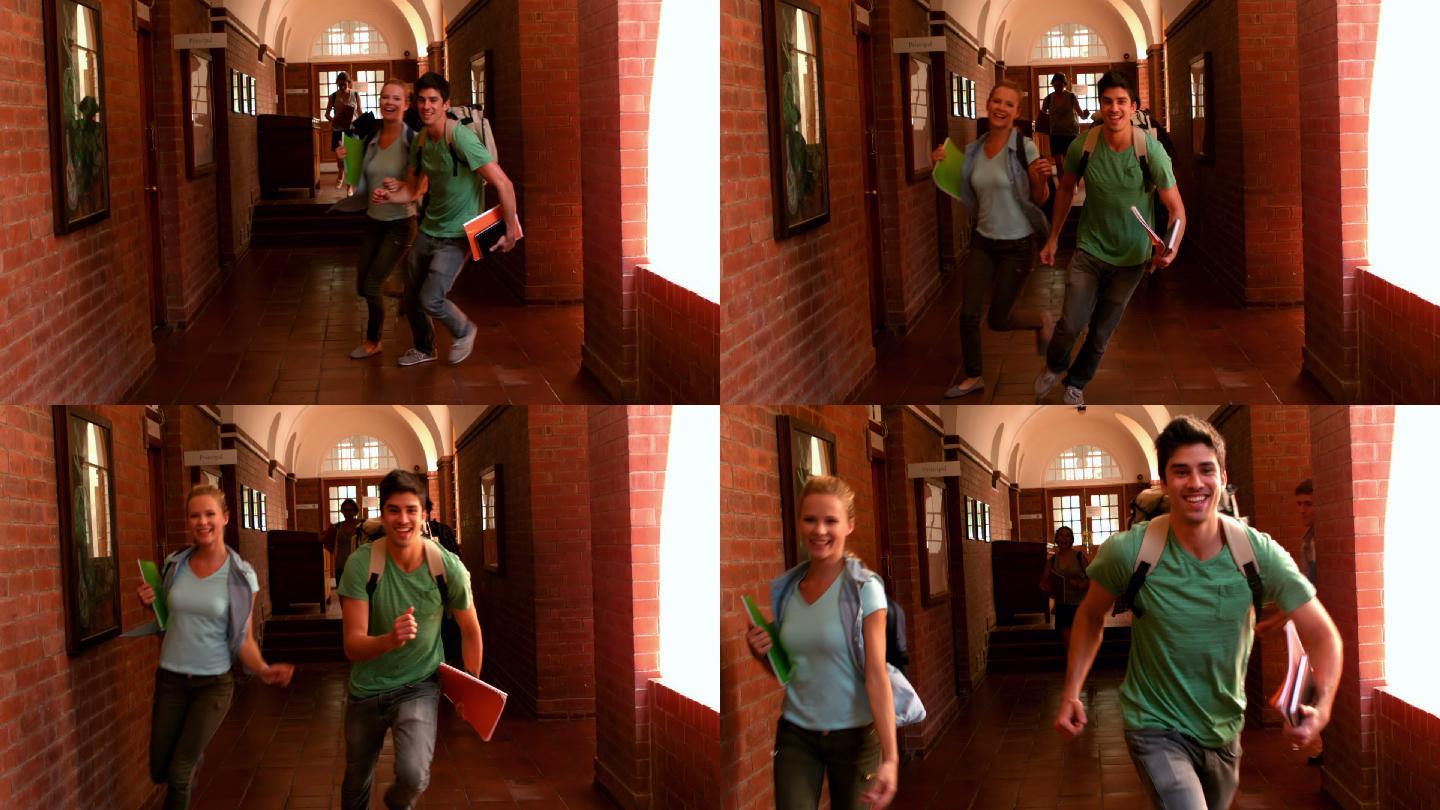 快乐的学生们通过走廊的慢镜头