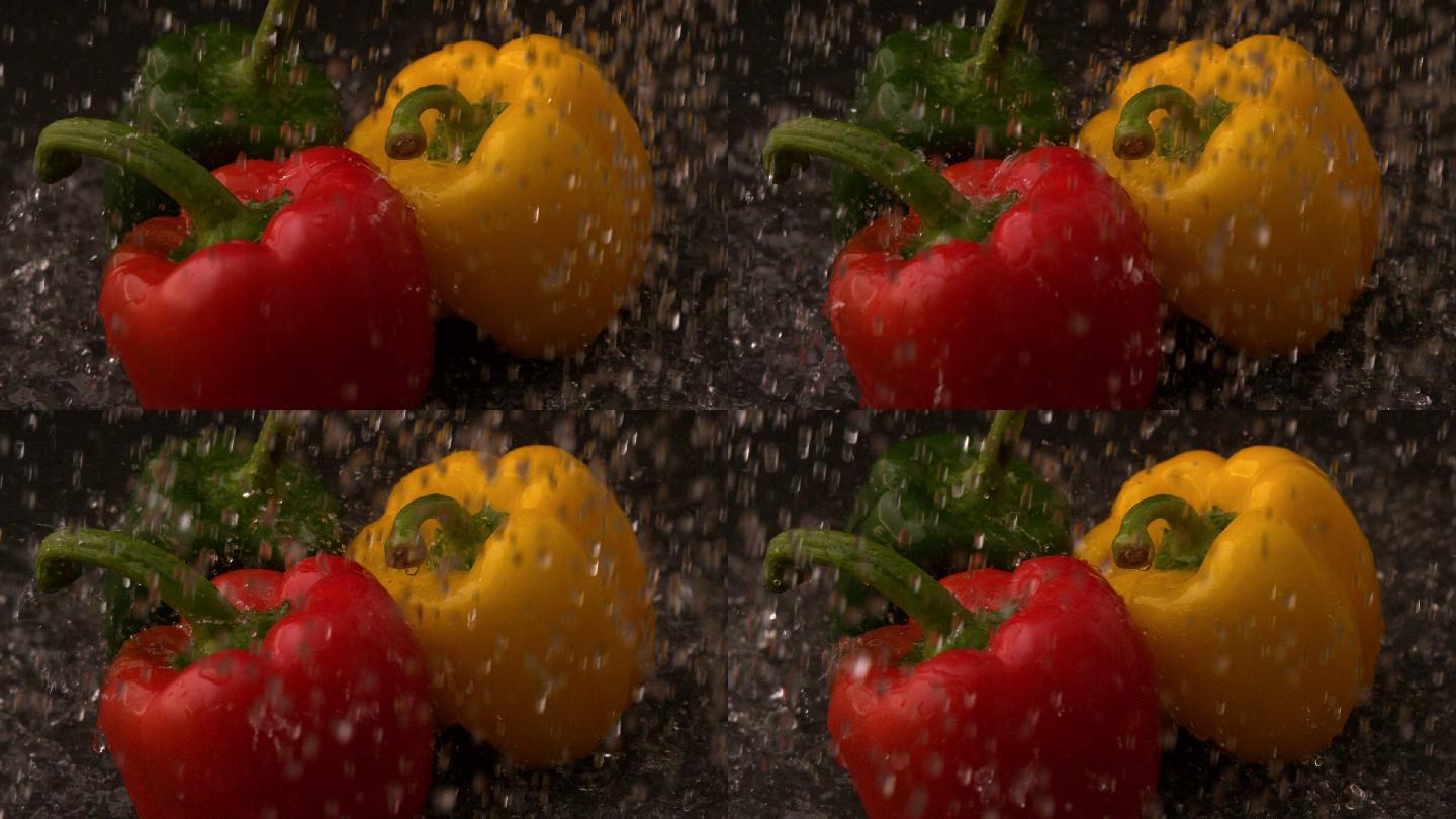 慢动作将水倒在挑选的辣椒上