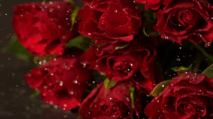 一束红玫瑰缓缓落在潮湿的地面上