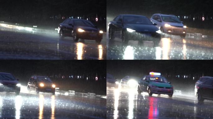 雨天雨夜城市道路车流车辆车灯大雨暴雨积水