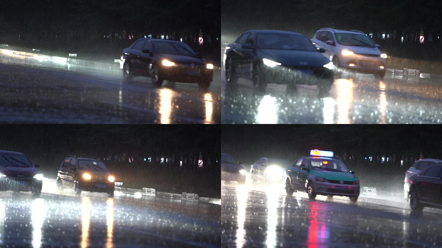 雨天雨夜城市道路车流车辆车灯大雨暴雨积水