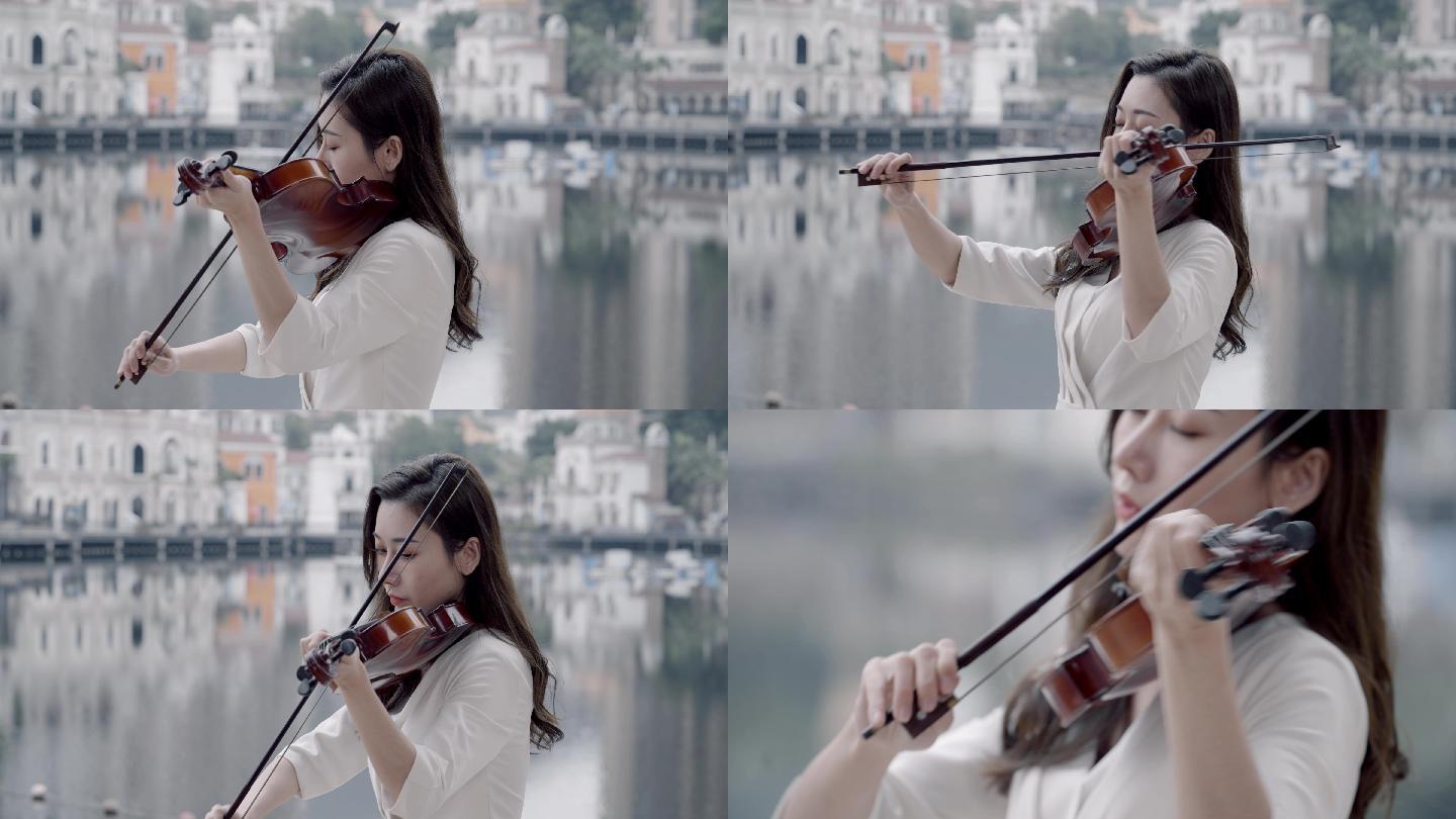 拉小提琴 湖边 美女 实拍 古风 中国风