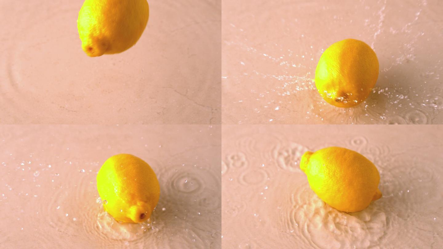 在慢镜头中，柠檬在潮湿的白色表面上落下并旋转
