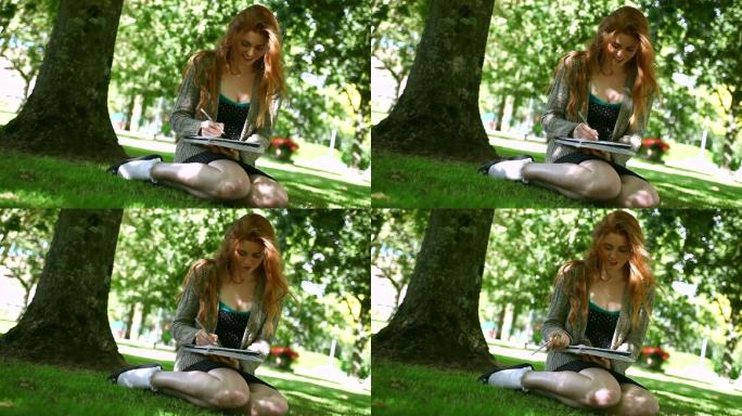 可爱的红发女孩坐在公园的草坪上做作业