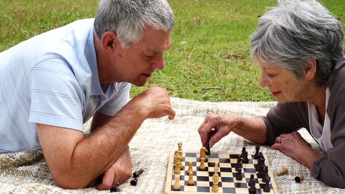 在一个阳光明媚的日子里，一对老年夫妇躺在公园里的毯子上下棋