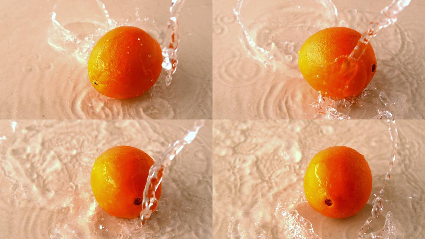 在慢镜头中，橙色在潮湿的白色表面旋转