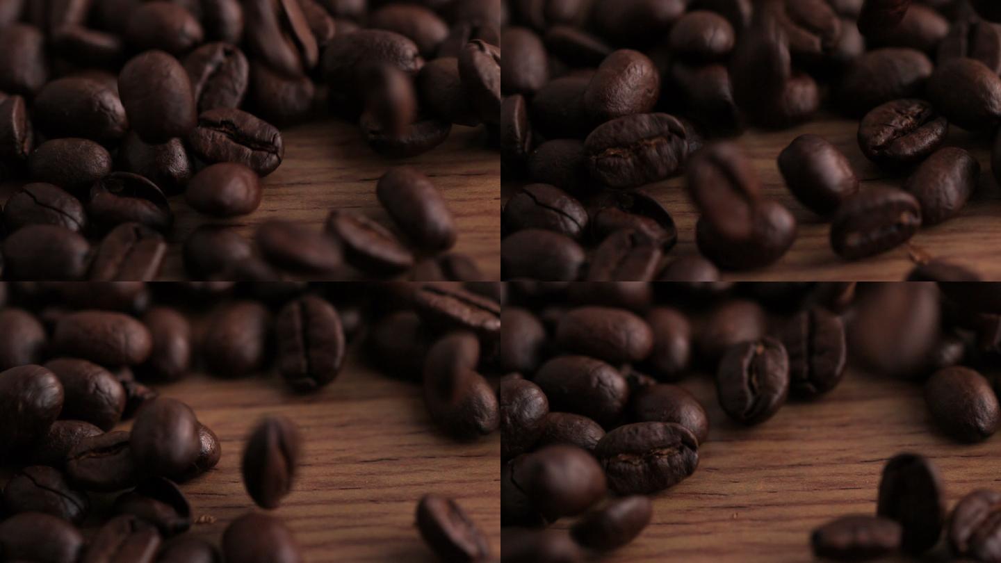 在慢镜头中，咖啡豆倒在木质表面上
