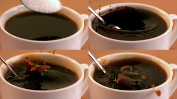 慢动作将一茶匙糖放入咖啡杯中