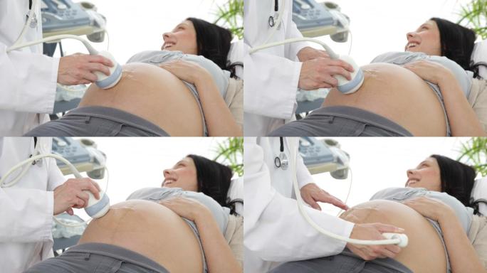 一个深褐色的孕妇正在医院的办公室里做超声波扫描