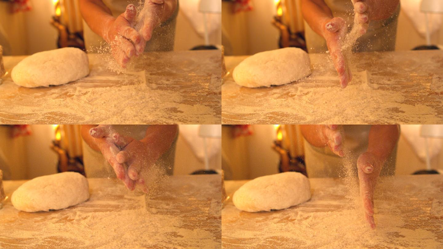烘烤时用慢动作双手互相摩擦面粉