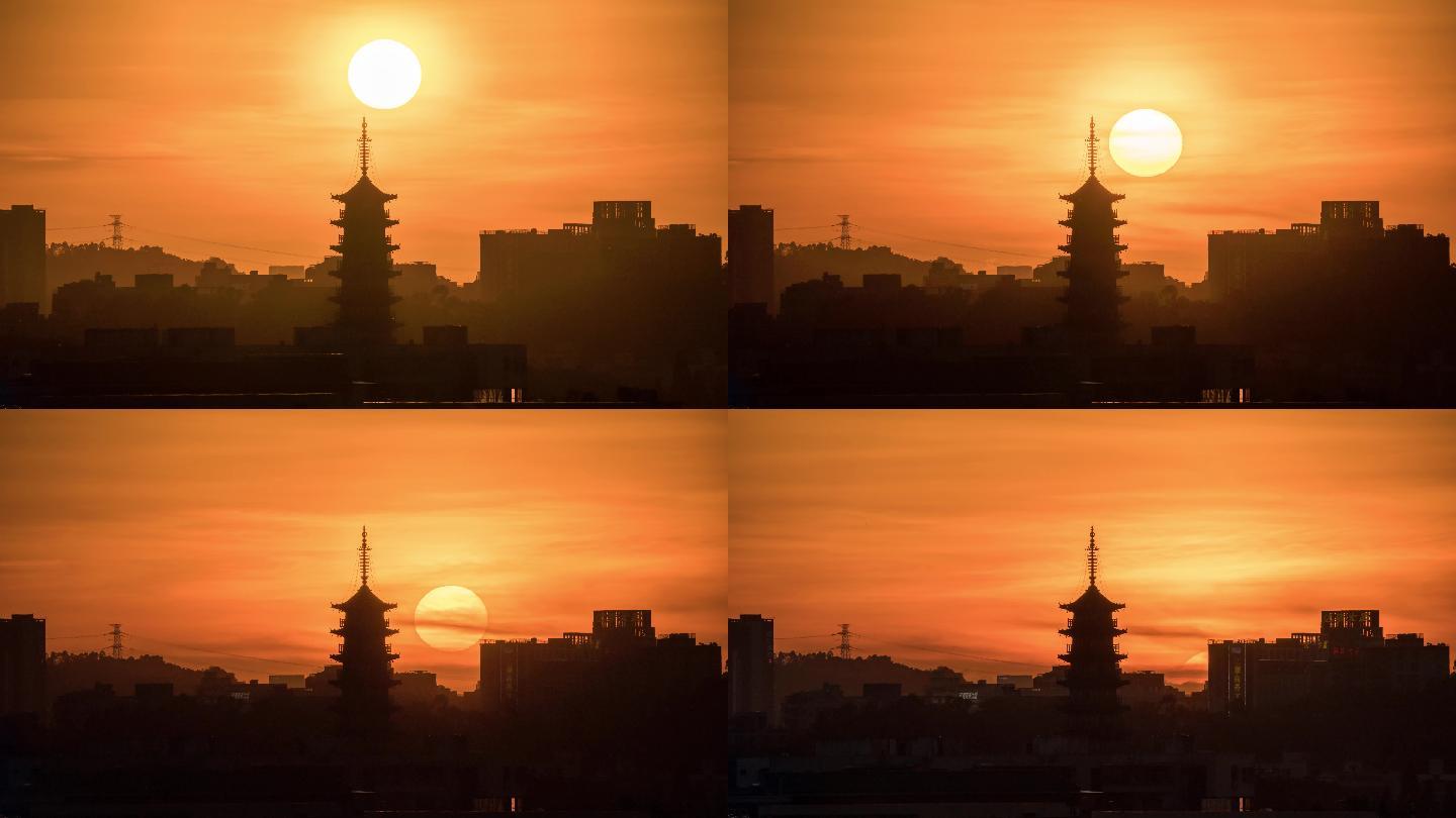 【4K正版】太阳从古塔边上落下-日落延时