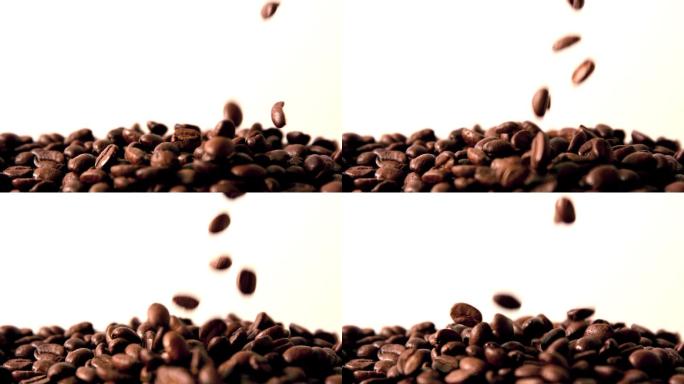 慢镜头里，咖啡豆倒在一堆上