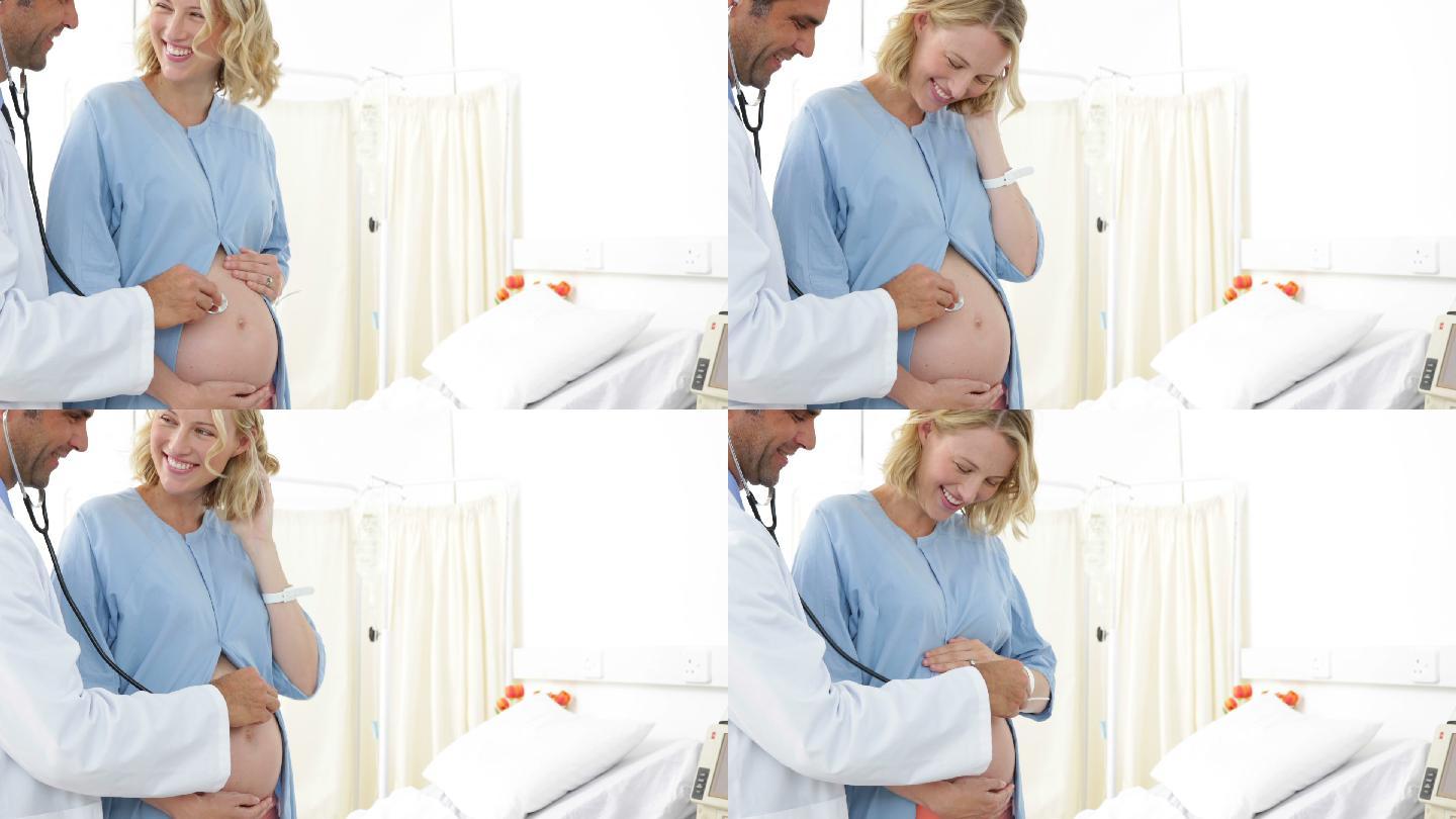 孕妇站在医院的医院长袍被医生检查
