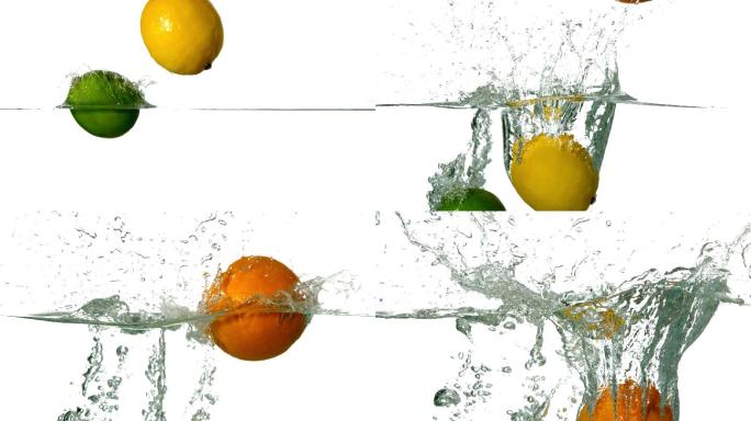 莱姆，柠檬和橘子在白色背景下投入水中的慢镜头