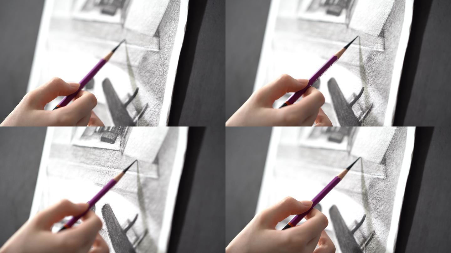 艺术女孩手铅笔素描绘画画板特写实拍原素材