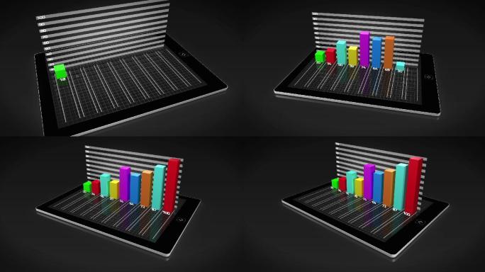 彩色3d增长条形图在平板电脑上的黑色背景
