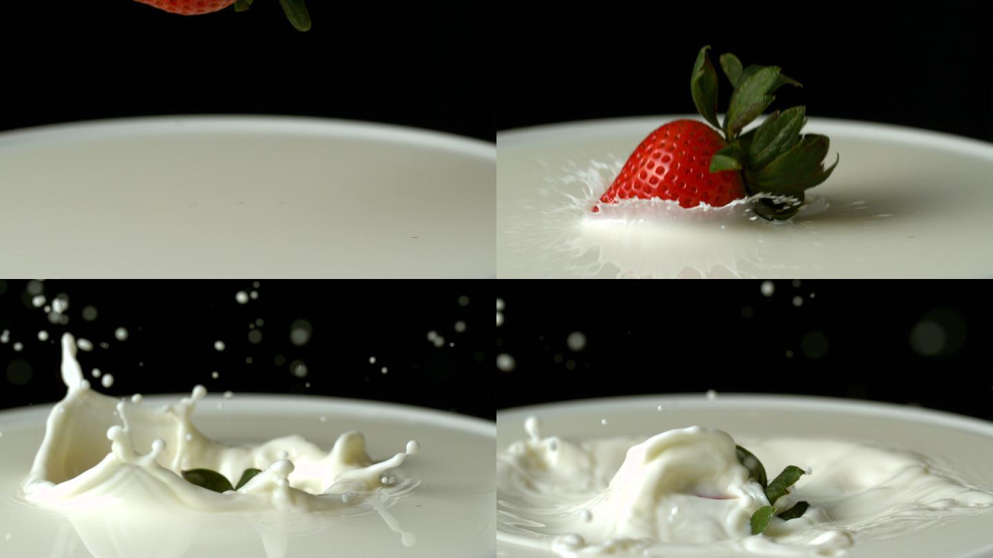 草莓掉在牛奶杯里的慢镜头