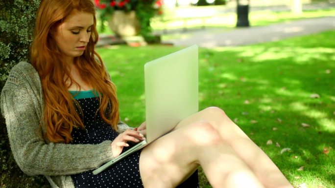 可爱的红发女孩坐在公园的草坪上看笔记本