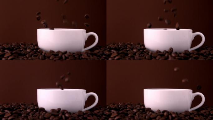 咖啡豆慢慢落入白色的杯子里