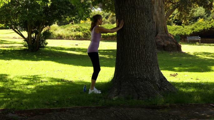 在一个阳光明媚的日子里，跑步者靠在树上伸展她的双腿