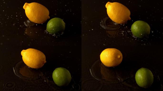 慢镜头中，柠檬和酸橙滴在潮湿的黑色表面上