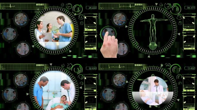 从交互式黑绿色菜单中手动选择医院医生视频，旋转人体形象