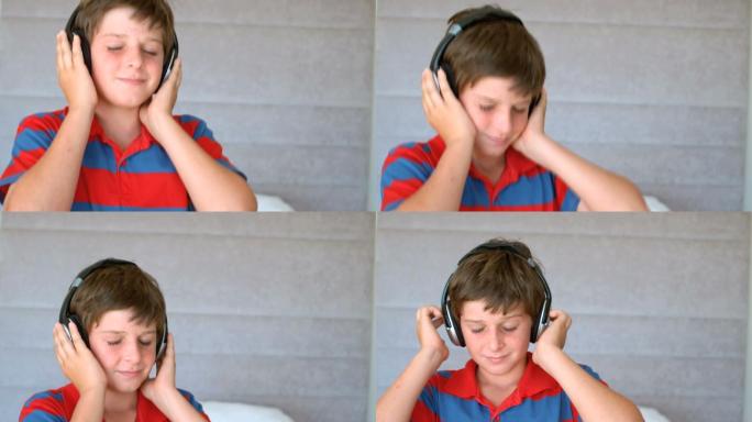 跳舞的小男孩戴着耳机，以每秒250帧的慢动作欣赏音乐