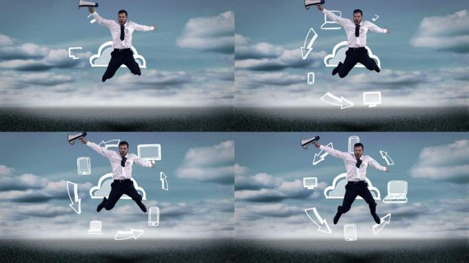 商人与扩音器跳跃在动画云计算的云背景