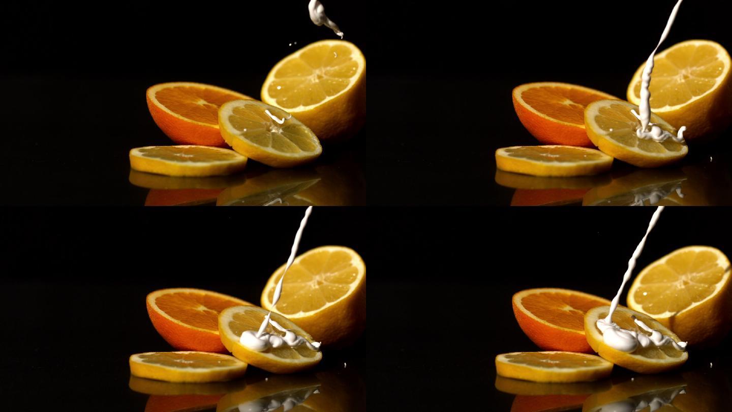 用慢镜头将鲜奶油倒在橙子片上