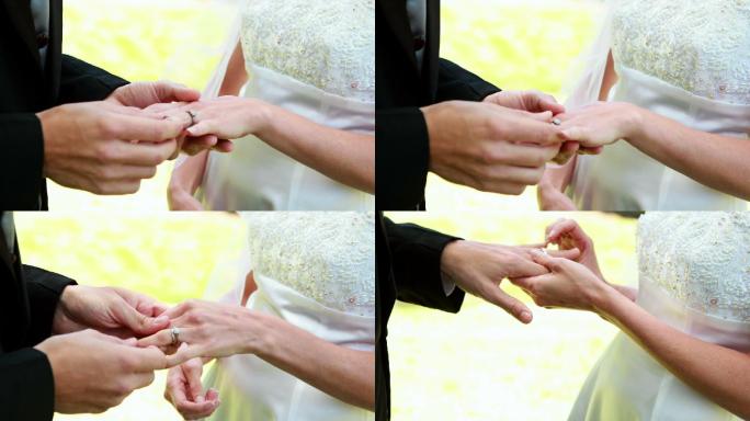 新娘和新郎在结婚当天交换结婚戒指