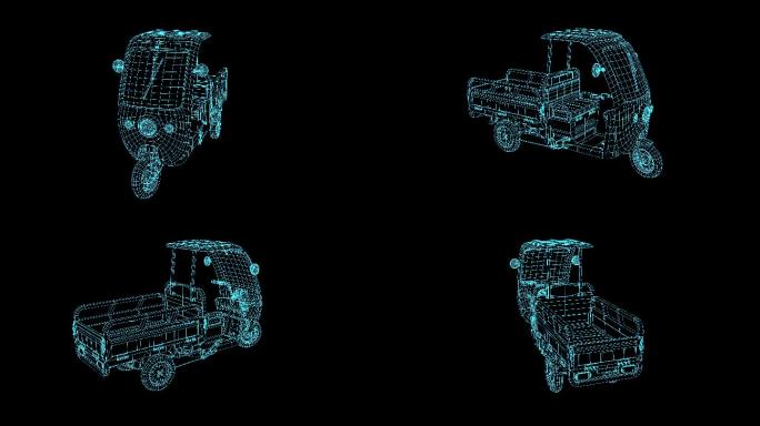 4K蓝色全息线框科技三轮车旋转素材带通道