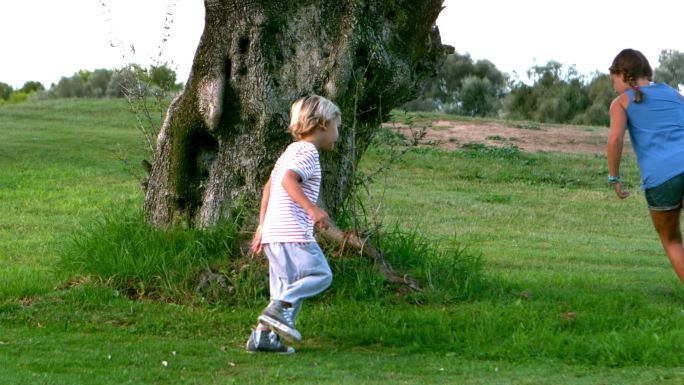 一个小女孩和一个小男孩绕着一棵大树跑的慢镜头