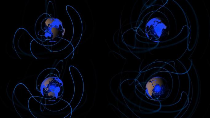 蓝色地球旋转与线条模拟从它的动画在黑色的背景
