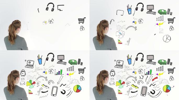 彩色动画显示消费者行为和一个女商人在白色背景