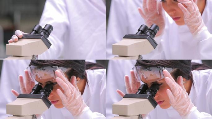 学生在实验室透过显微镜观察特写