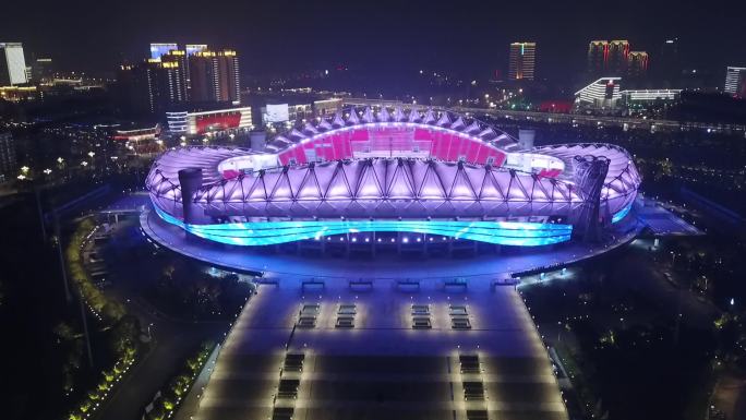 武汉军运会场馆，航拍，夜景