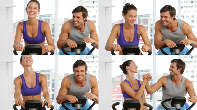 一对情侣在健身房的健身房里骑自行车锻炼
