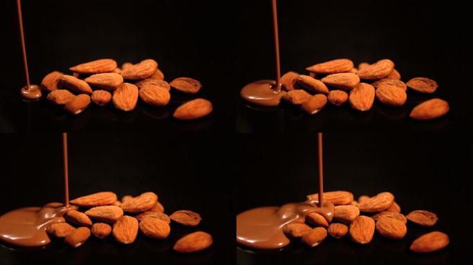 融化的巧克力倒在杏仁上特写